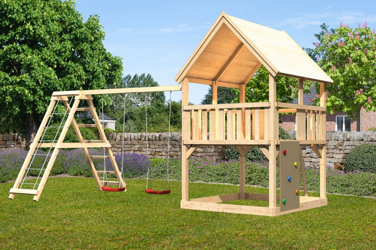 Spielturm Luis natur, SET mit Kletterwand und Kletter-Doppelschaukel, Karibu