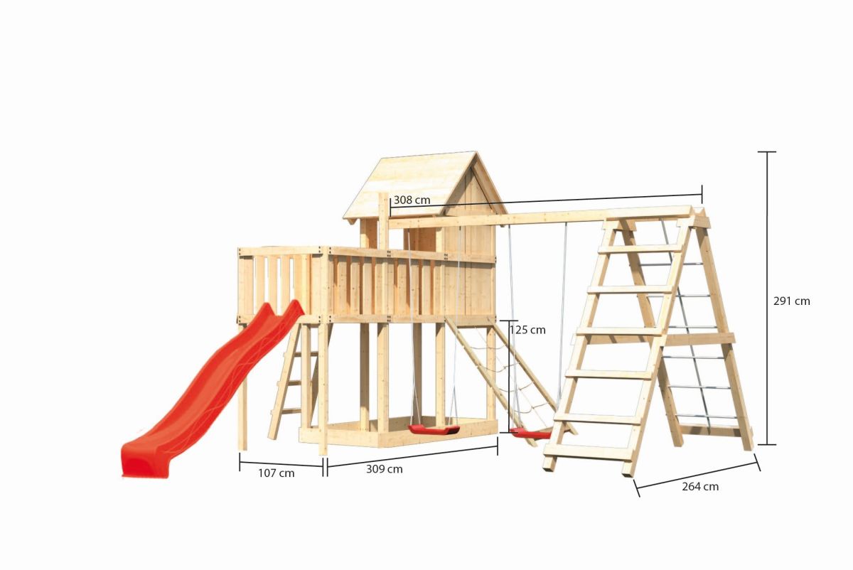 Stelzenhaus Frieda natur, Set mit Plattform, Kletterschaukel, Netzrampe und Rutsche rot