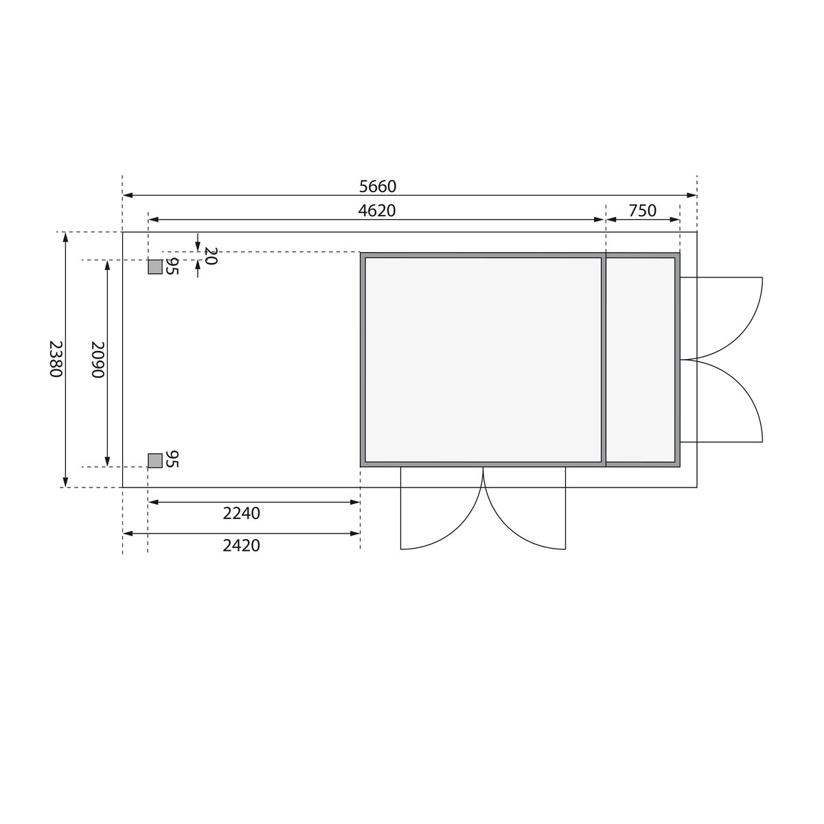 Gartenhaus Retola 3, 319x217 cm mit Anbauschrank und Anbaudach 2,40 m, 19 mm Holz naturbelassen, Karibu