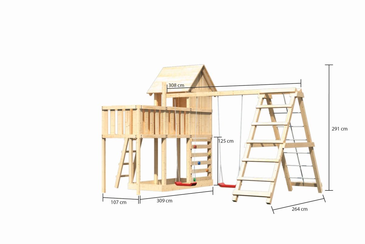 Stelzenhaus Frieda naturbelassen, Set mit Plattform, Kletterschaukel und Kletterwand