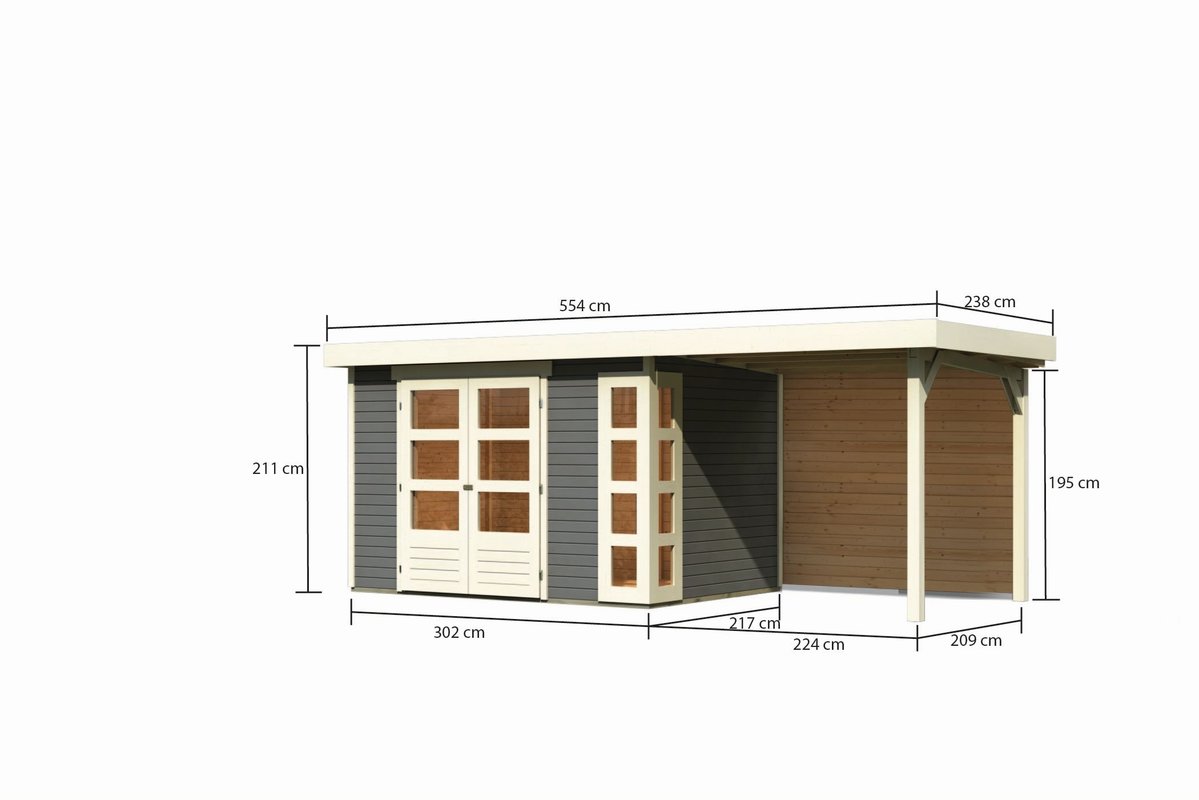 Gartenhaus Kerko 4 - 298 x 213 cm, inkl. Anbaudach 2,40m mit Rückwand, 19 mm Holz terragrau