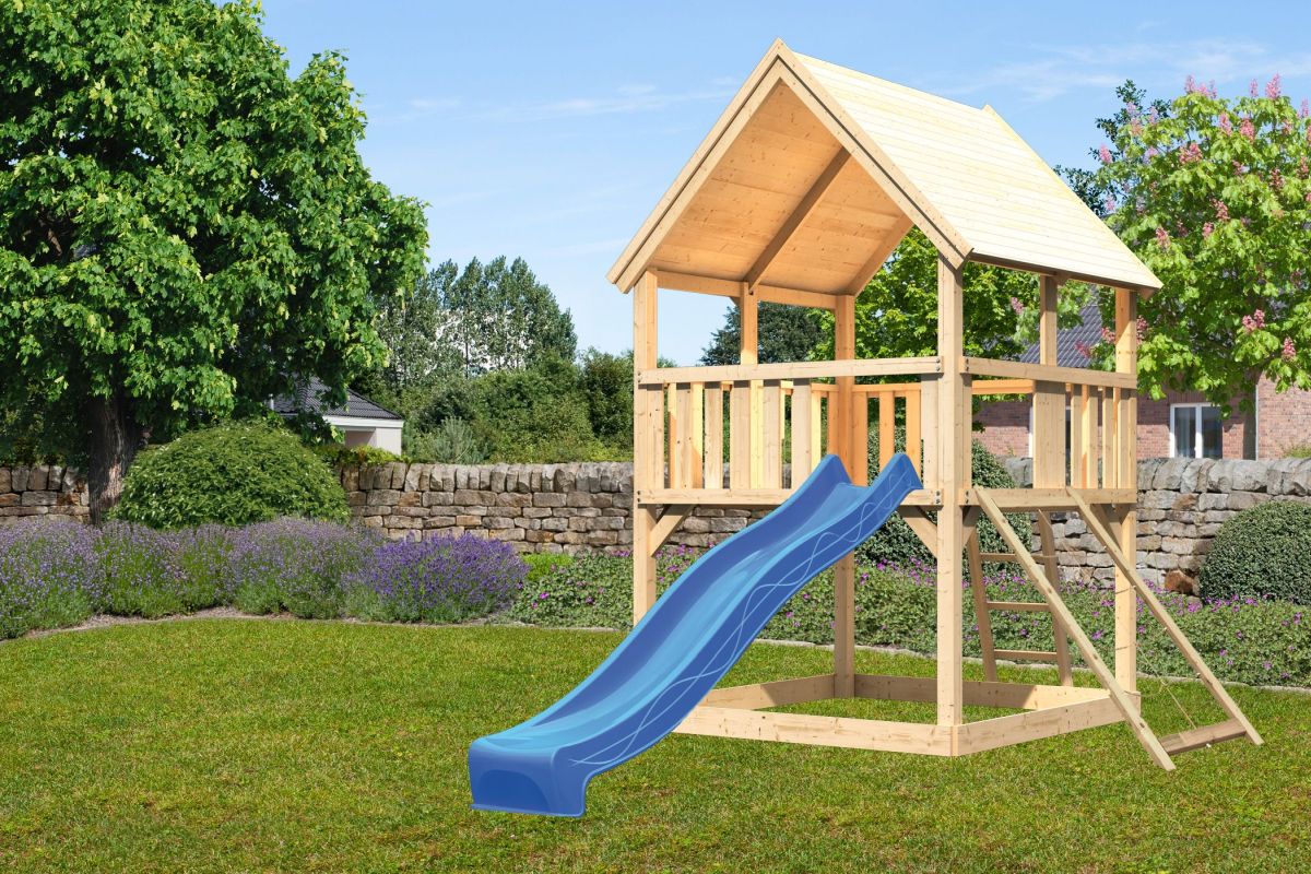 Spielturm Luis natur, SET mit Netzrampe und Rutsche blau, Karibu