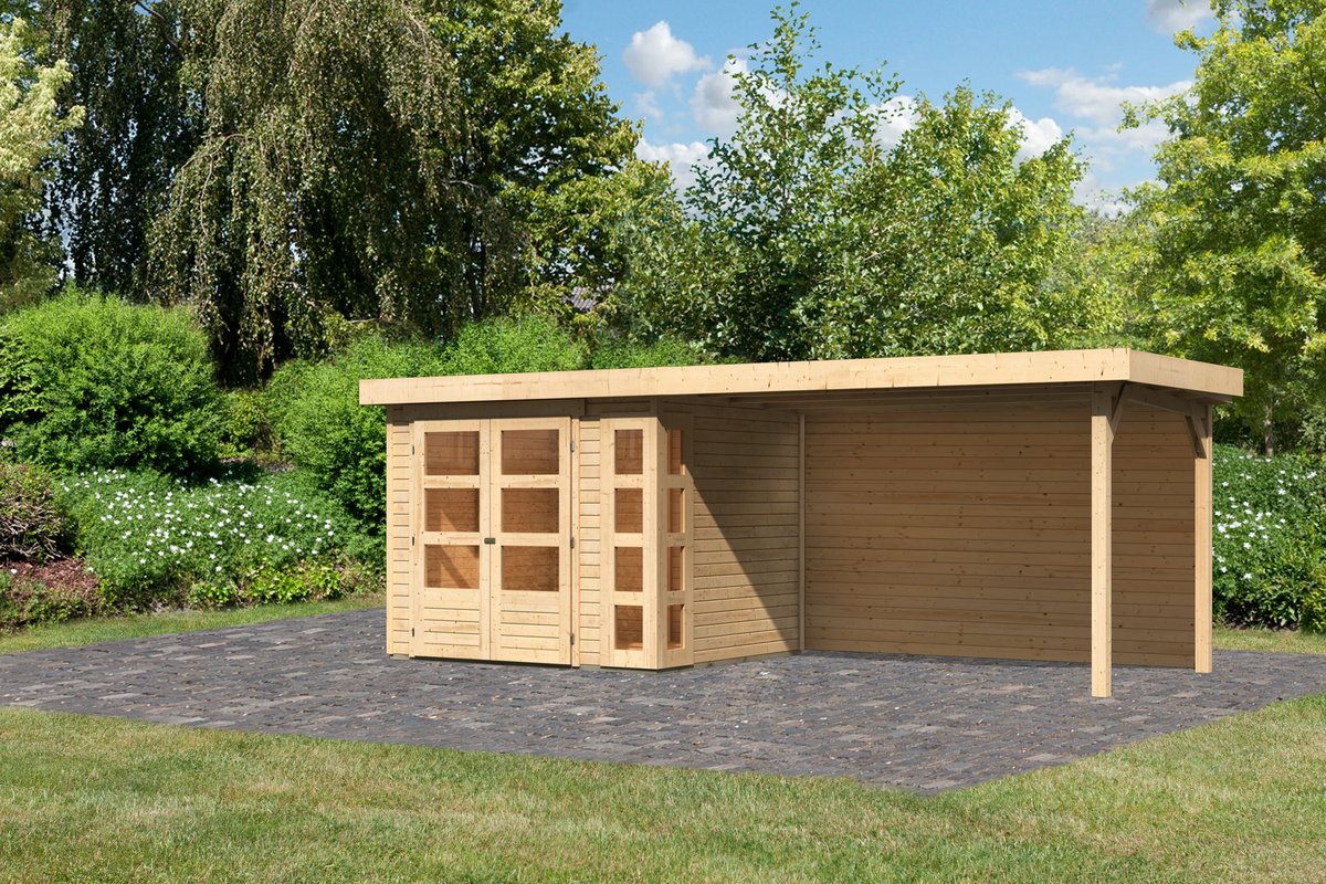 Gartenhaus Kerko 3 - 238 x 213 cm inkl. Anbaudach 2,80 m mit Rückwand, 19 mm Holz naturbelassen