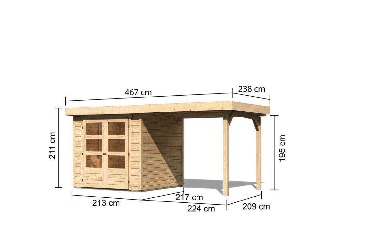 Gartenhaus Askola 2  - 213x217 cm mit Anbaudach 2,40m, 19 mm naturbelassen, Karibu