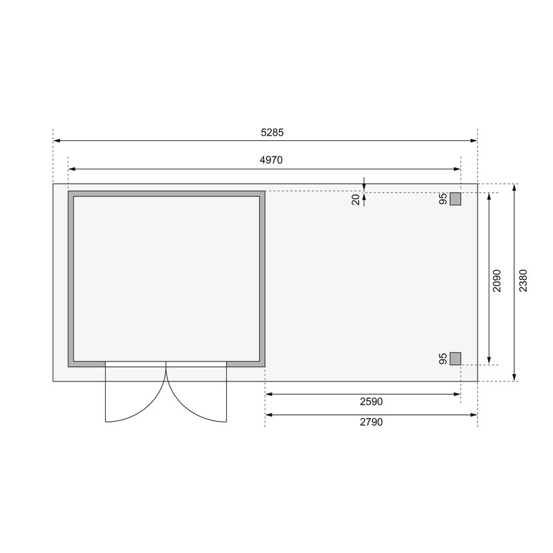 Gartenhaus Askola 3 - 242x217 cm, 19 mm Holz naturbelassen mit Anbaudach 2,80m, Karibu