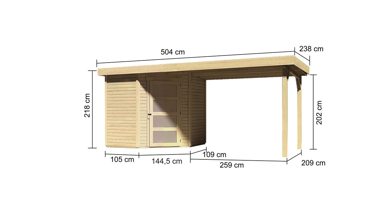Gartenhaus Schwandorf 3, 213x217 cm, inkl. Anbaudach 2,80m, 19 mm Holz naturbelassen, Karibu