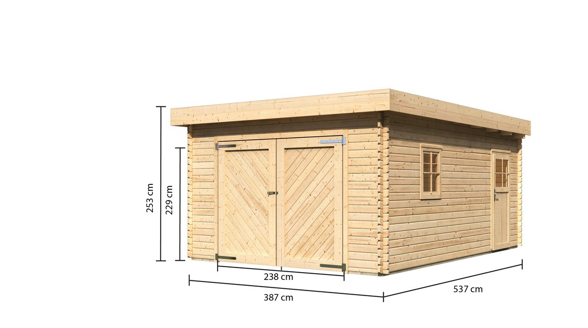 Holzgarage 40 mm Blockbohlen naturbelassen, Flachdach-Einzelgarage 387x537 cm, Karibu