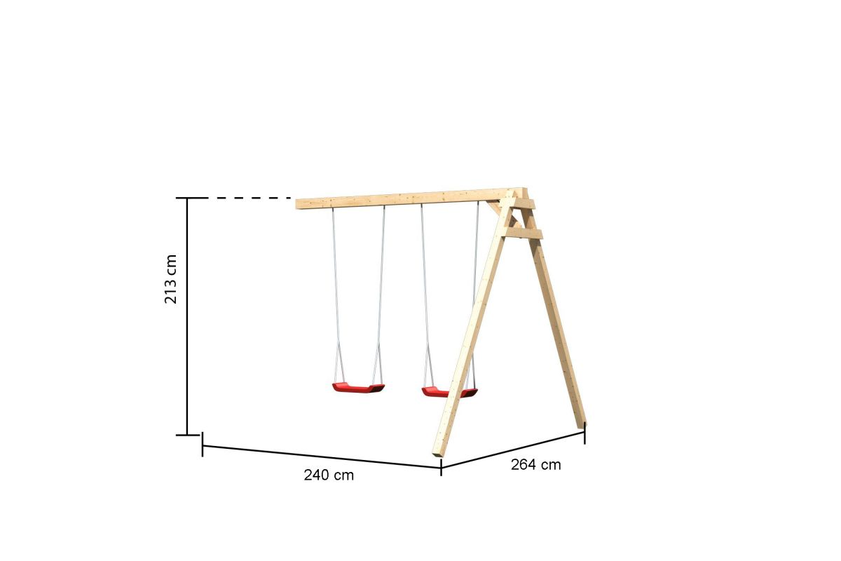Stelzenhaus Frieda naturbelassen, Set mit Doppelschaukel, Netzrampe und Rutsche rot