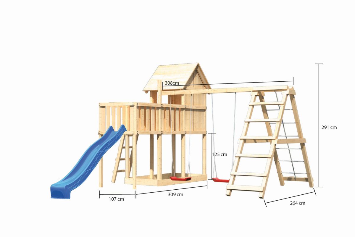 Stelzenhaus Frieda naturbelassen, Set mit Plattform, Kletterschaukel und Rutsche blau