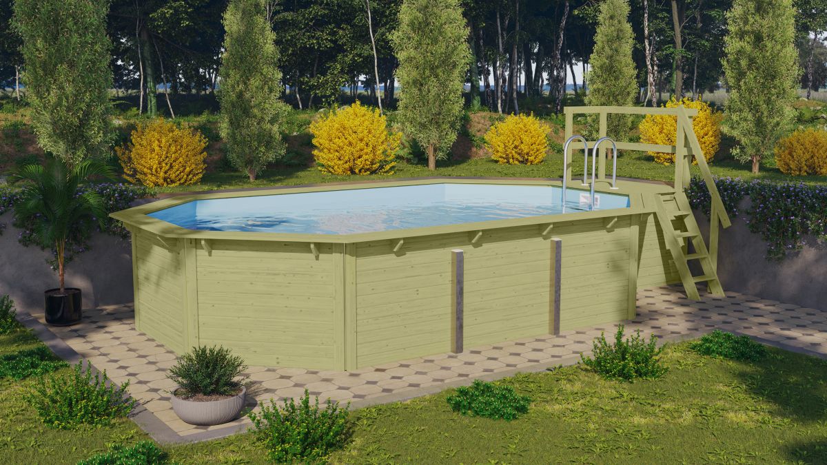 Achteck-Pool X4 400x611 cm Holz kdi mit Terasse, Set mit Filter+Skimmer