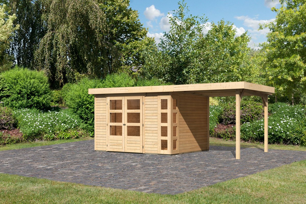 Gartenhaus Kerko 5 - 302 x 246 cm inkl. Anbaudach 2,40 m, 19 mm Holz naturbelassen