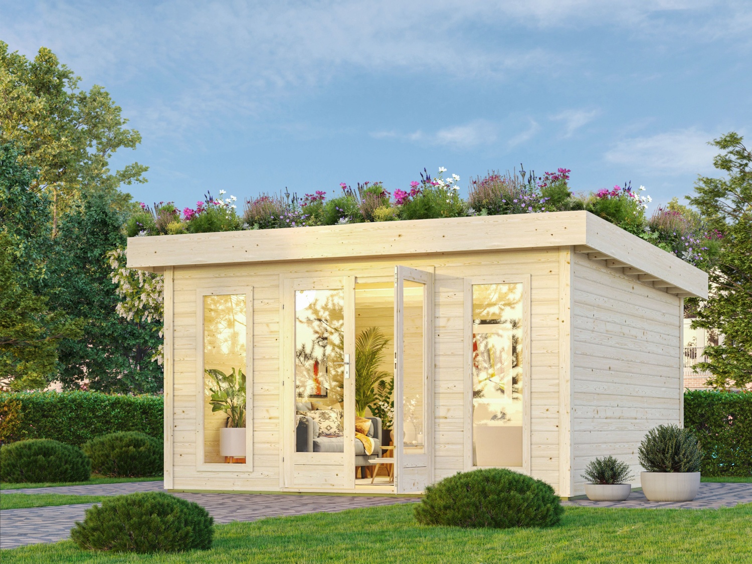 Gartenhaus Lotus für Dachbegrünung - 393x393 cm, 38 mm Holz naturbelassen, Karibu