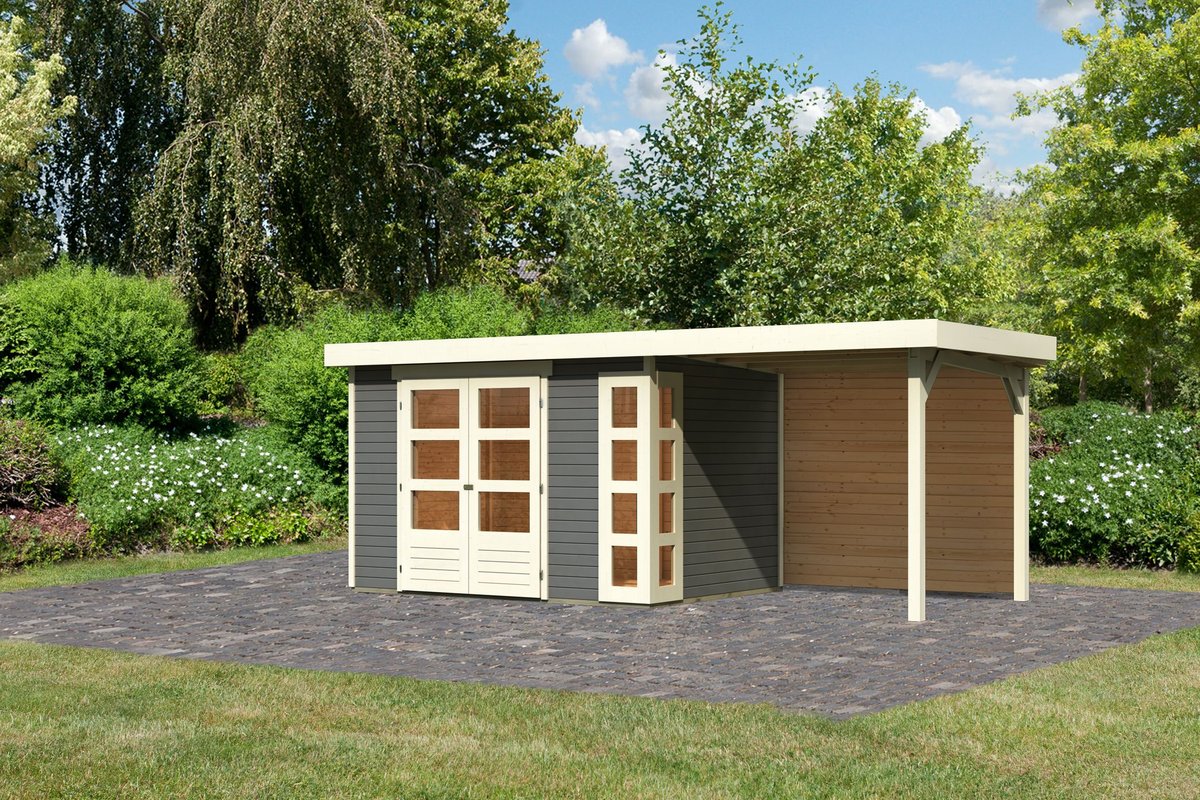 Gartenhaus Kerko 4 - 298 x 213 cm, inkl. Anbaudach 2,40m mit Rückwand, 19 mm Holz terragrau