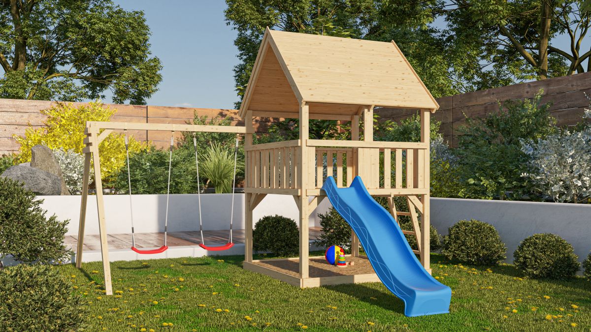 Spielturm Luis naturbelassen, Set mit Doppelschaukel und Rutsche blau