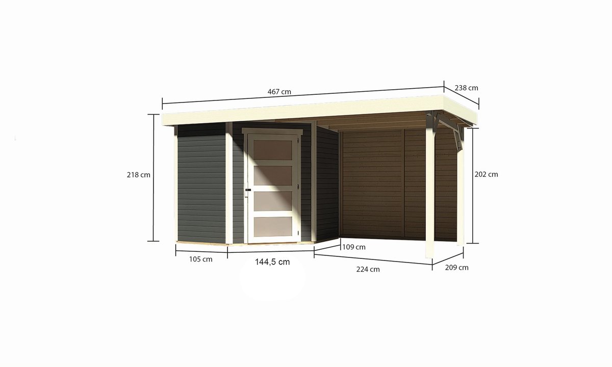 Gartenhaus Schwandorf 3, 213x217 cm, inkl. Anbaudach 2,40m mit Rückwand, 19 mm Holz terragrau