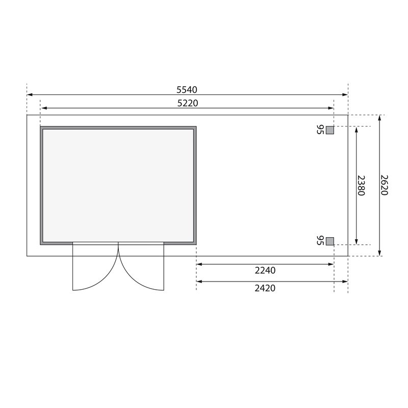Gartenhaus Askola 5, 302 x 246 cm inkl Anbaudach 2,40 m mit Rückwand, 19 mm Holz naturbelassen