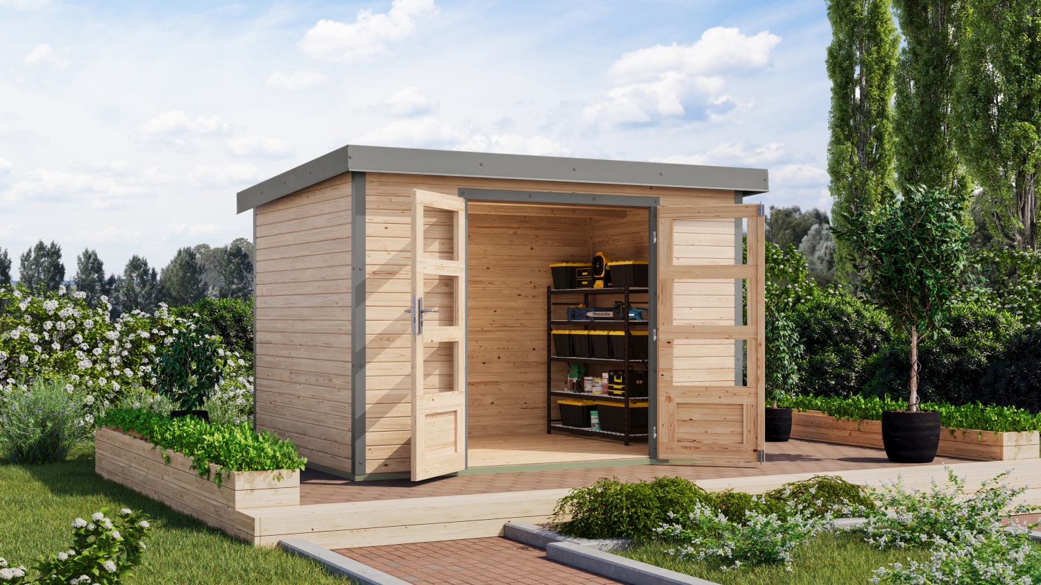 Hybrid-Gartenhaus Jupiter 4A - 298x213 cm, 19mm naturbelassen/graualuminium