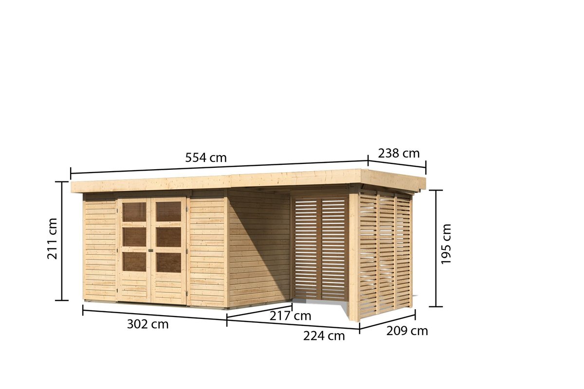 Gartenhaus Askola 4 - 302x217 cm mit Anbaudach 2,40m und Lamellenwänden, 19 mm naturbelassen, Karibu