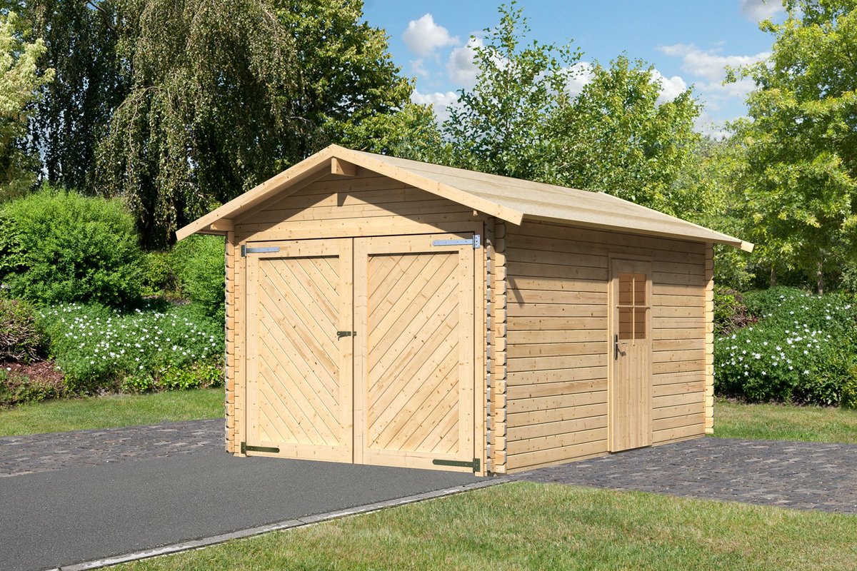 Holzgarage 28 mm Blockbohlen naturbelassen, Satteldach-Einzelgarage 297x447 cm, Karibu