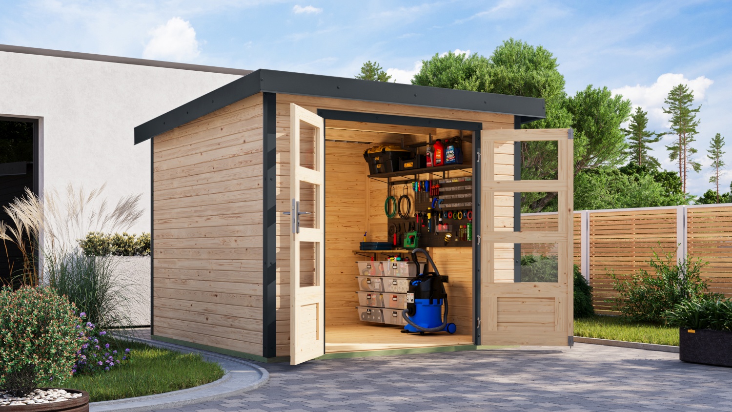 Hybrid-Gartenhaus Jupiter 3,5A - 238x242 cm, 19mm naturbelassen/anthrazit