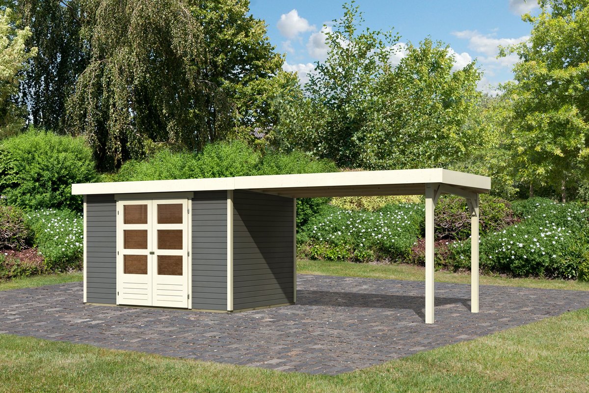 Gartenhaus Askola 4 - 302x217 cm mit Anbaudach 2,80m, 19 mm Holz terragrau, Karibu