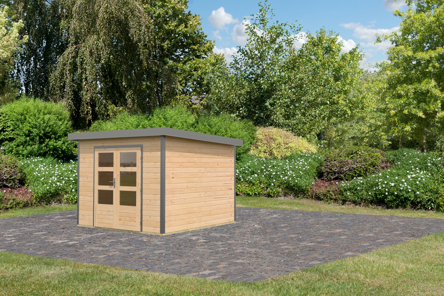 Hybrid-Gartenhaus Pluto 6A - 271x271 cm, 28mm naturbelassen/graualuminium