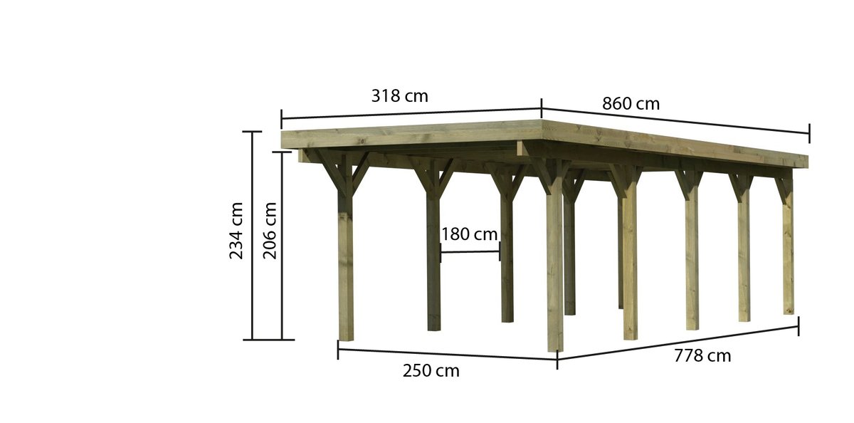 Einzelcarport CLASSIC 3 Variante A - 318x860 cm, kdi mit Stahldach