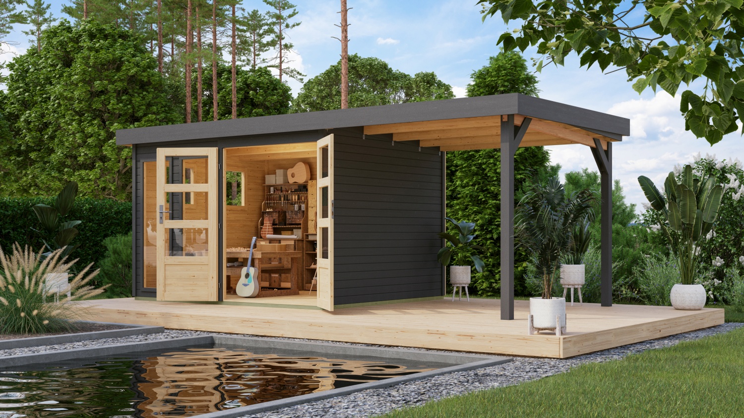 Gartenhaus Lahar 5 - 302x246 cm plus 2,40 m Anbaudach, 19 mm Holz terragrau, Karibu
