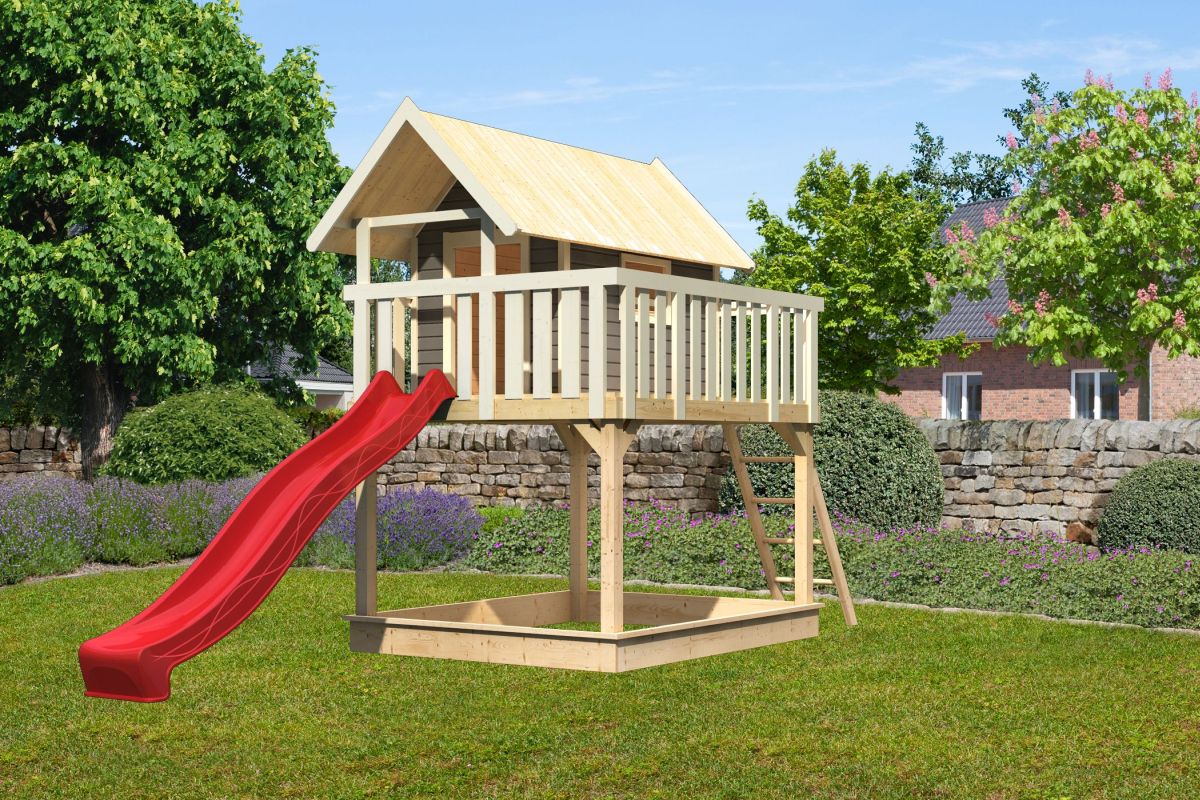 Stelzenhaus FIDEL terragrau, Set mit Rutsche rot, Karibu
