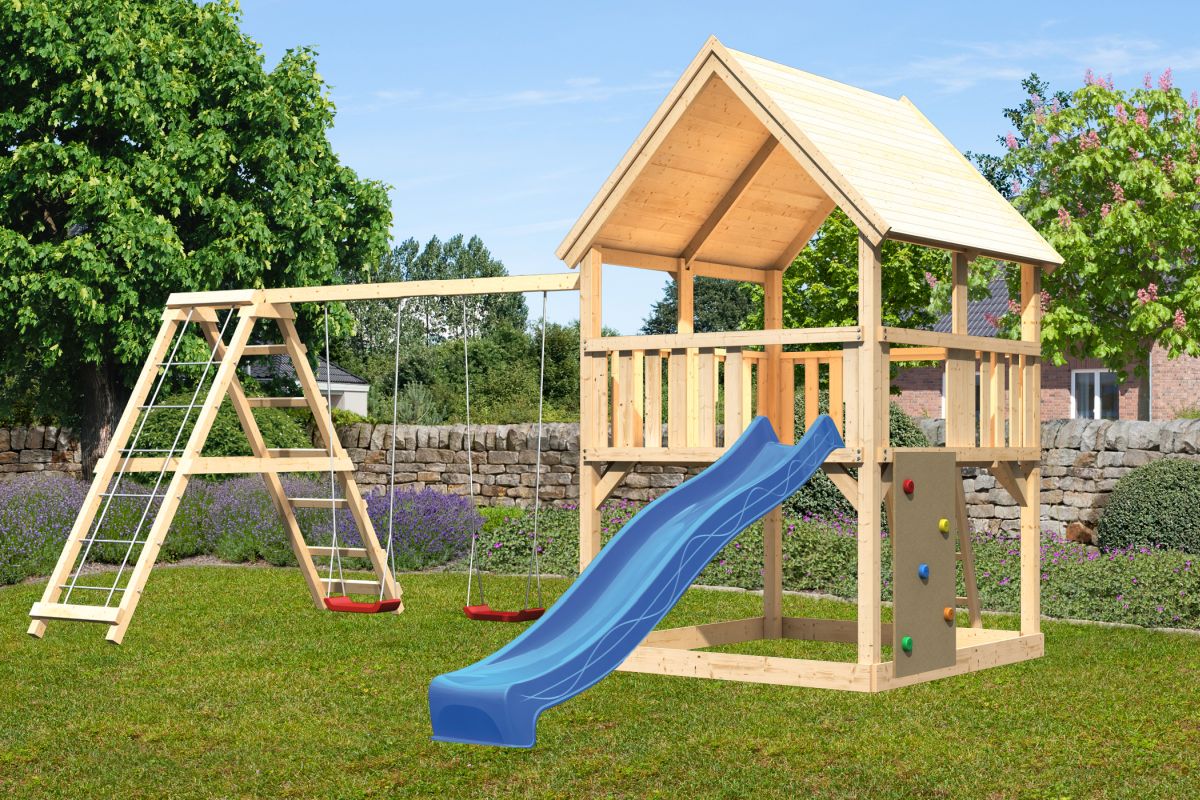 Spielturm Luis natur, SET mit Kletterwand, Kletterschaukel und Rutsche blau