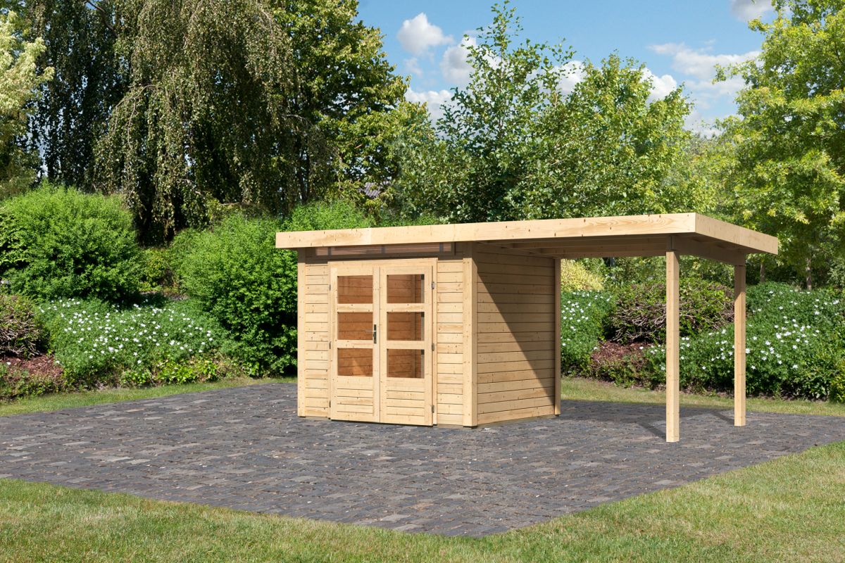 Gartenhaus Kandern 2  - 244x204 cm mit Anbaudach 2,35 m, 28 mm Holz naturbelassen, Karibu