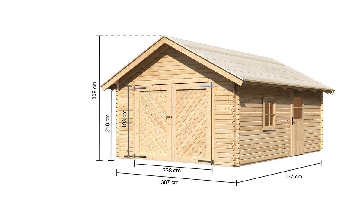 Holzgarage 38 mm Blockbohlen naturbelassen, Satteldach-Einzelgarage 387x537 cm, Karibu