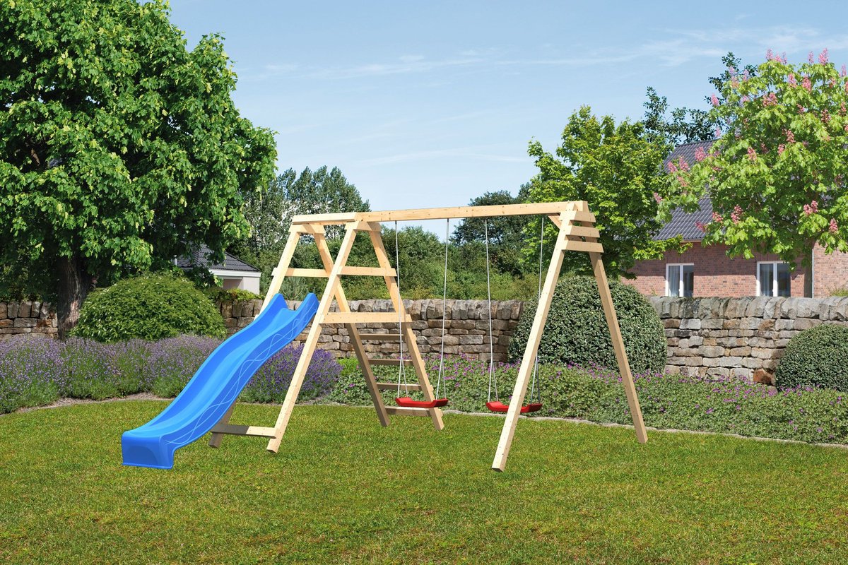 Doppelschaukel Felix mit Klettergerüst und Rutsche blau, Fichte naturbelassen, Karibu