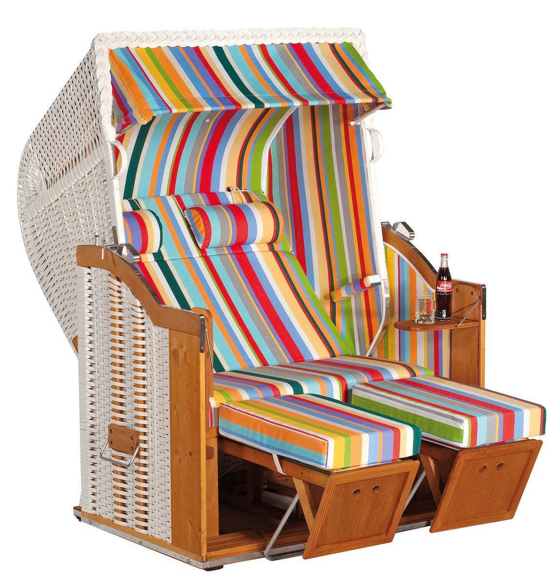 Strandkorb Classic weiß mit Stoff 13 und Extras, 2-Sitzer Halblieger von SonnenPartner