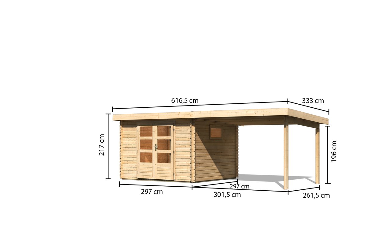 Blockbohlengartenhaus Trittau 3 - 580,5 x 297 cm mit Anbaudach 3,30 m, 38 mm Holz naturbelassen, Karibu