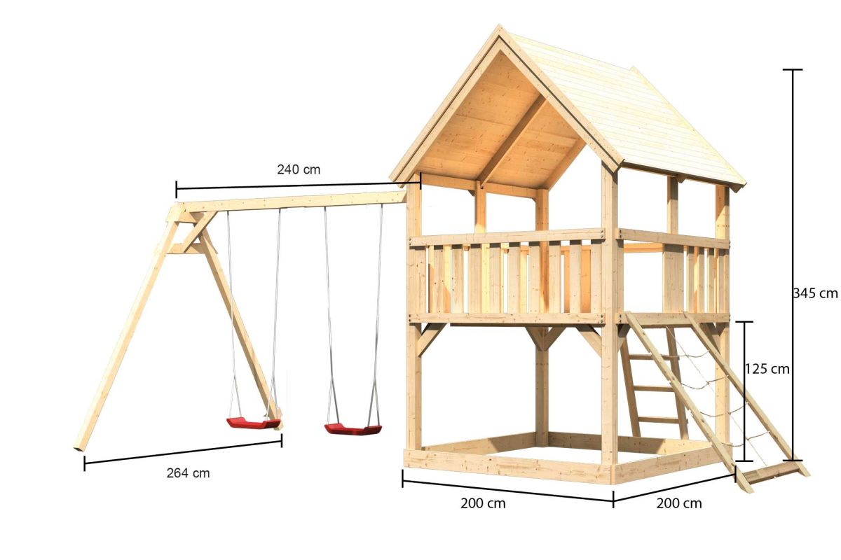 Spielturm Luis natur, SET mit Netzrampe und Doppelschaukel, Karibu