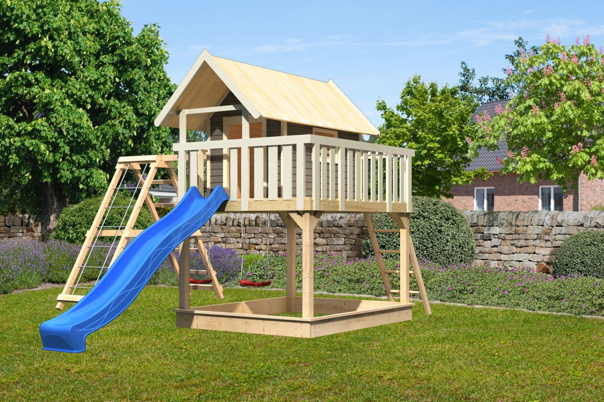 Stelzenhaus FIDEL terragrau mit Kletterlschaukel und Rutsche blau