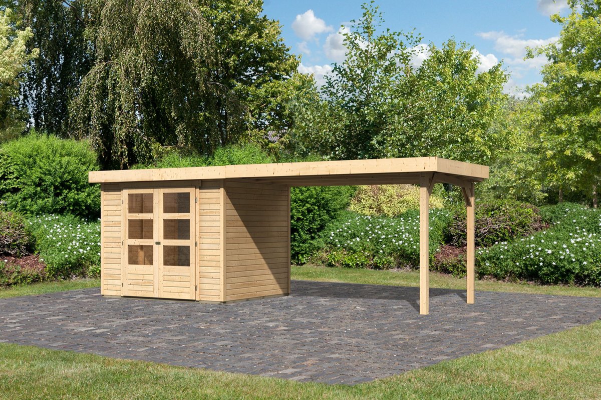 Gartenhaus Askola 3 - 242x217 cm, 19 mm Holz naturbelassen mit Anbaudach 2,80m, Karibu