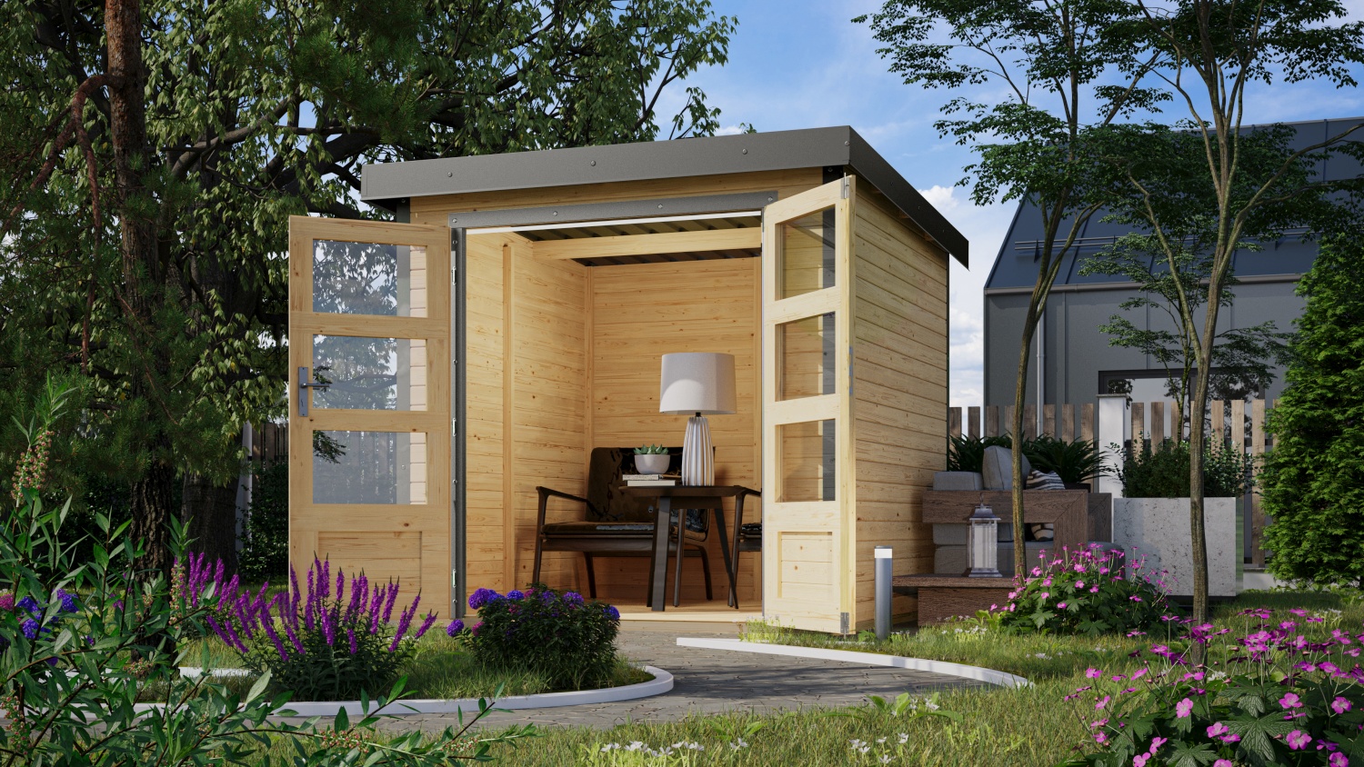 Hybrid-Gartenhaus Jupiter 2B - 209x213 cm, 19mm naturbelassen/graualuminium