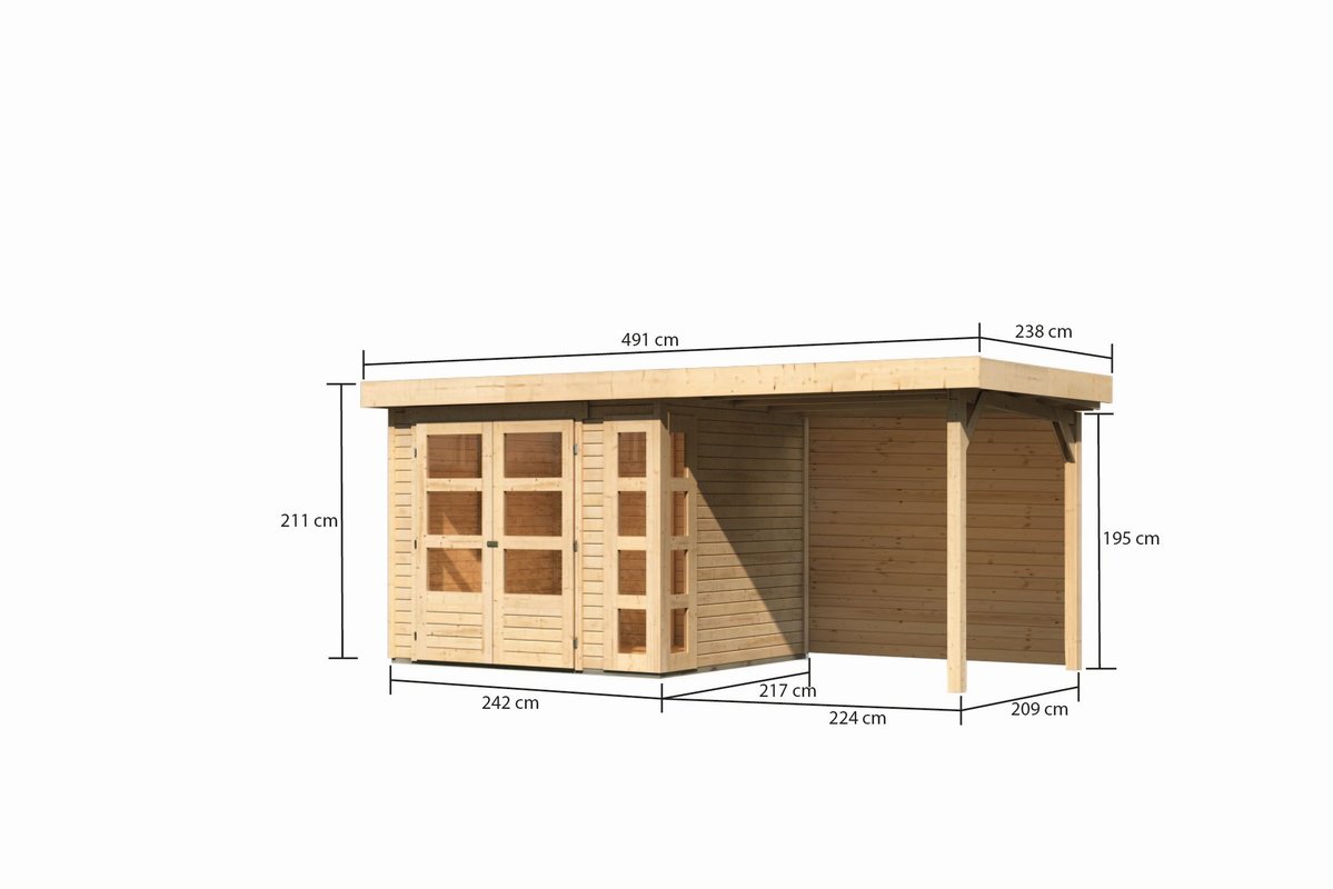 Gartenhaus Kerko 3 - 238 x 213 cm inkl. Anbaudach 2,40 m mit Rückwand, 19 mm Holz naturbelassen