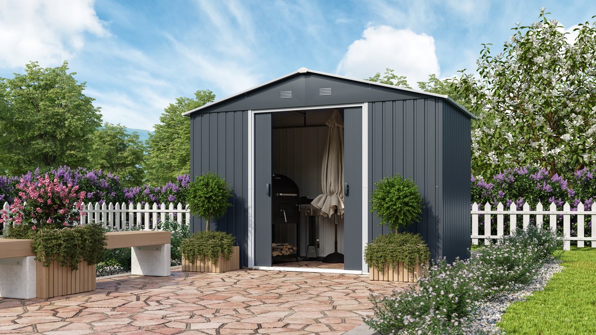 Metallgerätehaus Dresden II 106, schiefer/creme 301 x 174