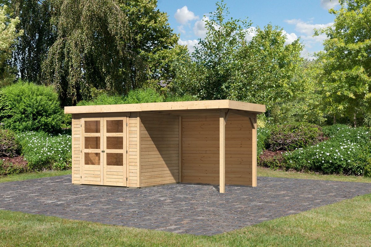 Gartenhaus Askola 2  - 213x217 cm mit Anbaudach 2,40m und Rückwand, 19 mm naturbelassen, Karibu