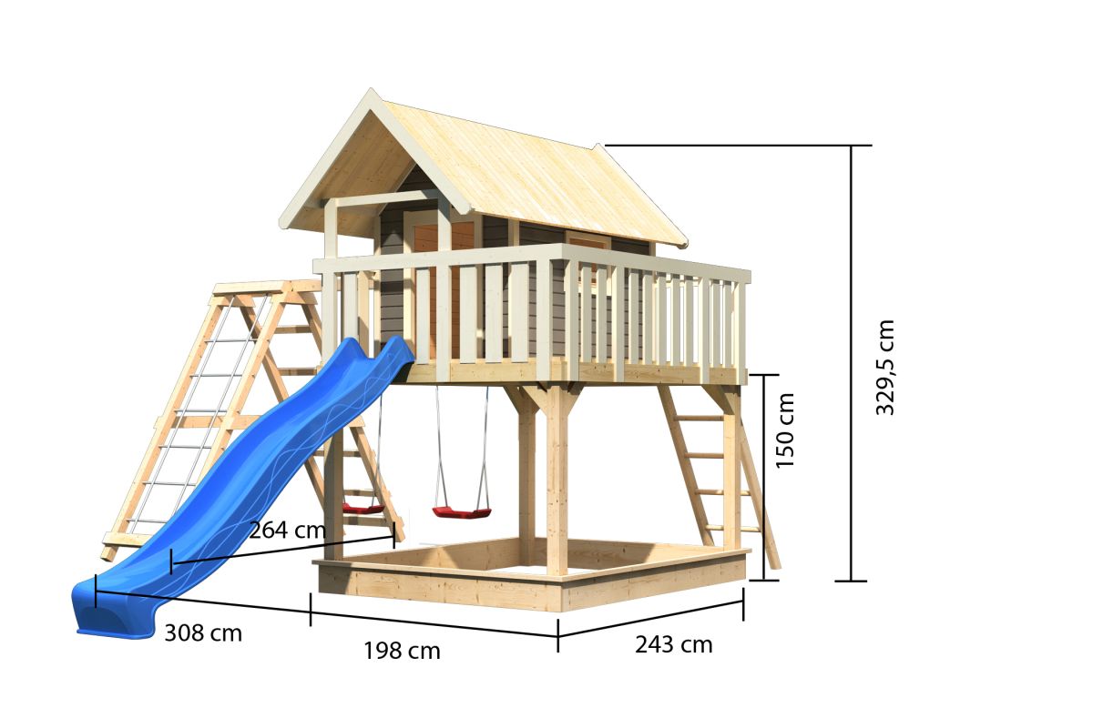 Stelzenhaus FIDEL terragrau mit Kletterlschaukel und Rutsche blau