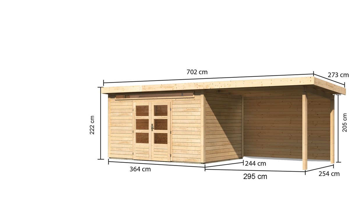 Gartenhaus Kandern 7 - 364x244 cm inkl. Anbaudach 3,20m mit Rückwand, 28 mm Holz naturbelassen, Karibu