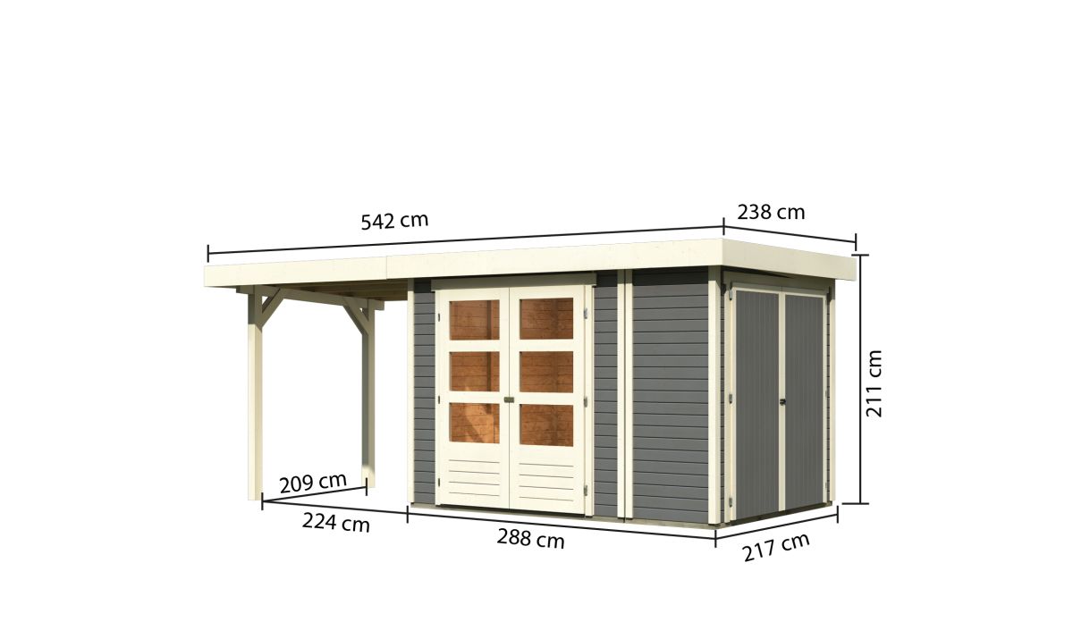 Gartenhaus Retola 2, 288x217 cm mit Anbauschrank und Anbaudach 2,40 m, 19 mm Holz terragrau