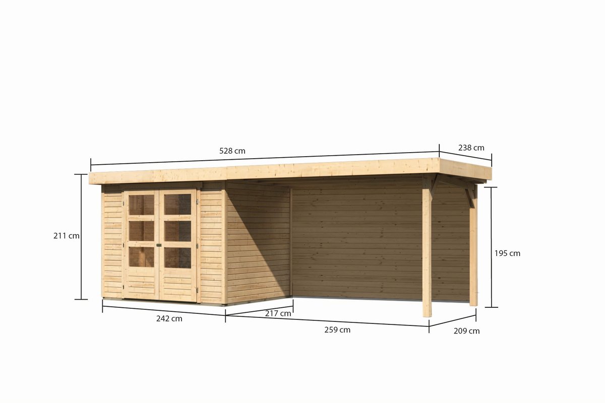Gartenhaus Askola 3 - 242x217 cm, 19 mm naturbelassen mit Anbaudach 2,80m und Rückwand, Karibu