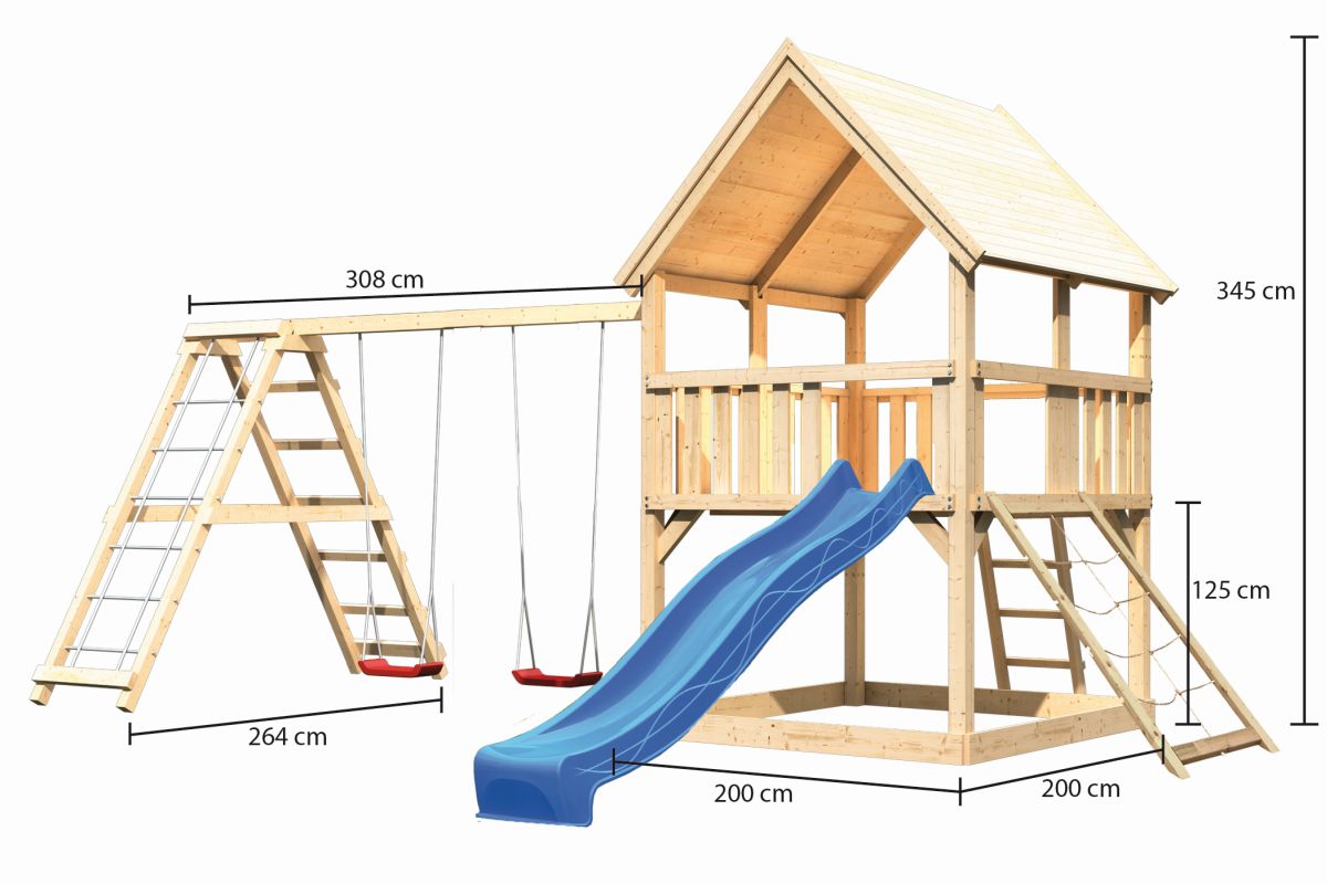Spielturm Luis natur, SET mit Netzrampe, Kletterschaukel und Rutsche blau