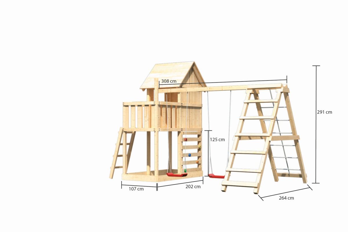 Stelzenhaus Frieda naturbelassen, Set mit Kletter-Doppelschaukel und Kletterwand