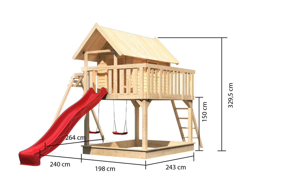 Stelzenhaus FIDEL naturbelassen mit Doppelschaukel und Rutsche rot