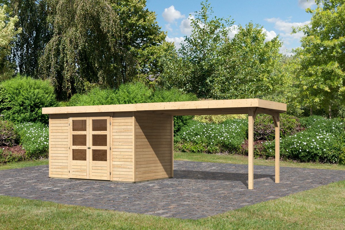 Gartenhaus Askola 4 - 302x217 cm mit Anbaudach 2,80m, 19 mm Holz naturbelassen, Karibu